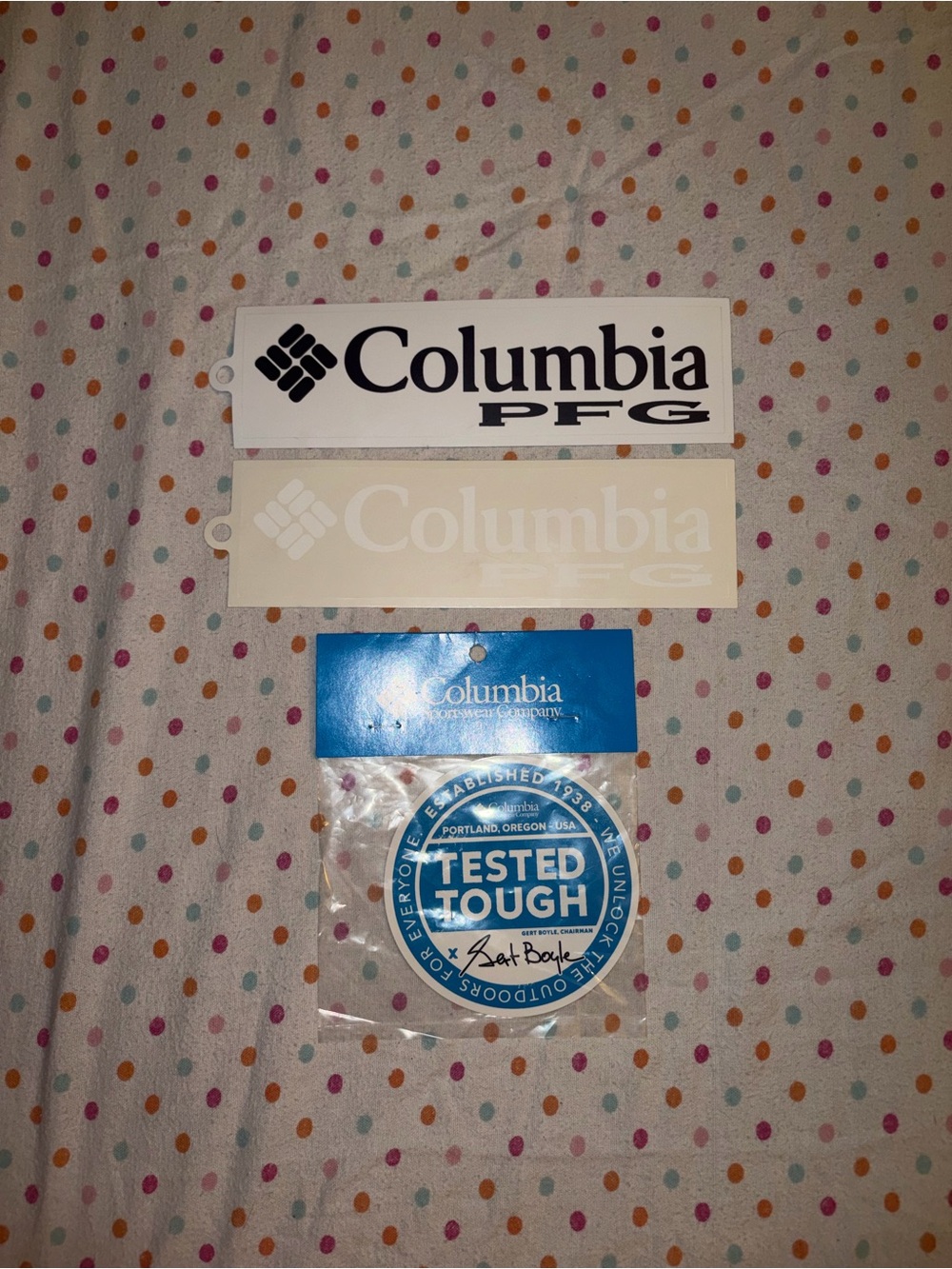 Columbia PFG Decal Sticker Lot w/ Tested Tough Columbia Sportswear Decal